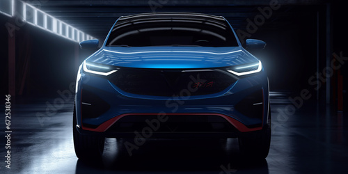 A mid sized blue tone electric city SUV that has red led running through the center line