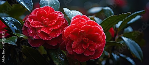 In the spring garden the vibrant red Camellia flowers blossom in full bloom adorned with raindrops creating a spectacular close up view photo