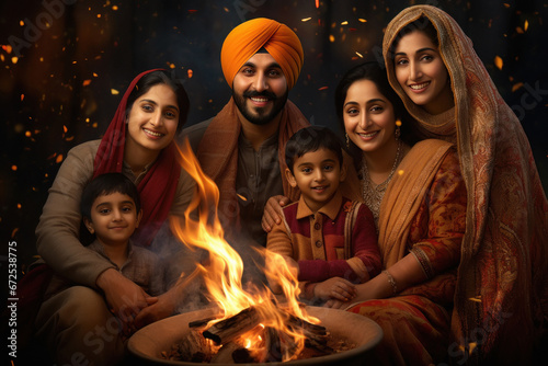 Indian sikh religious family celebrating together traditional festival. photo