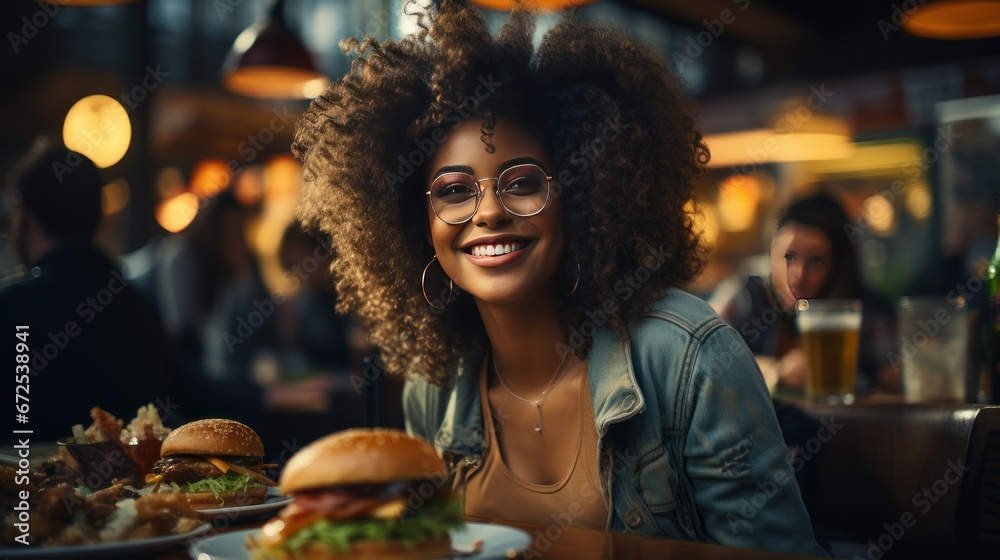 Woman enjoys taste of cheeseburger with eyes gleaming with satisfaction as flavors dancing on plate. Lady experiences delightful fusion of flavors lighting up eyes with pure satisfaction