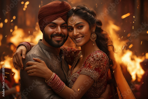 Young indian punjabi couple celebrating traditional festival.