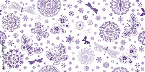 Handwork seamless vector Christmas pattern with monochrome snowflakes, butterflies and dragonflies on a transparent background