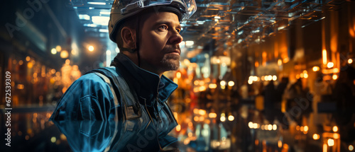 Double exposure  Engineer in uniform with cityscape