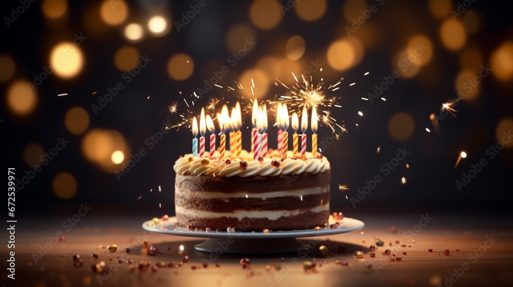 birthday cake with candles  generated by AI - obrazy, fototapety, plakaty 