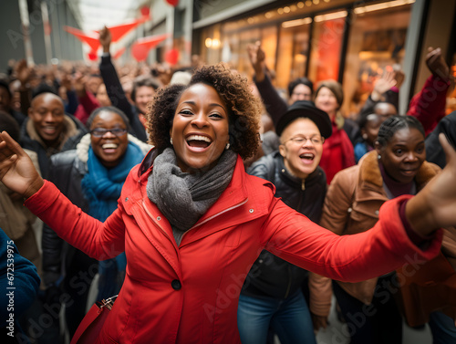 Multicultural Shopping Excitement   An energetic image capturing the enthusiasm of a diverse group of people  including a smiling black woman and a smiling white woman with excitement and joy.