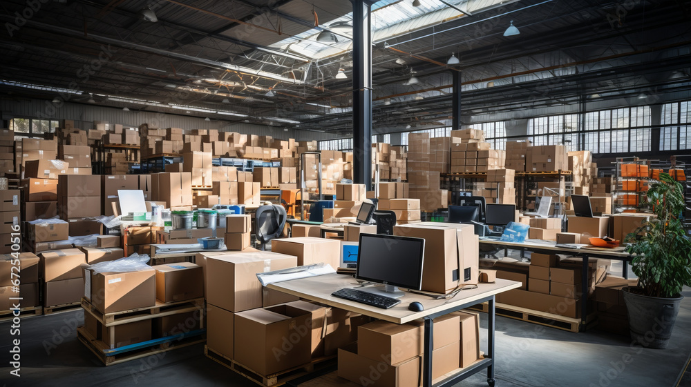 Office in warehouse with products, inventory, small business. Office in warehouse with products, inventory, small business.