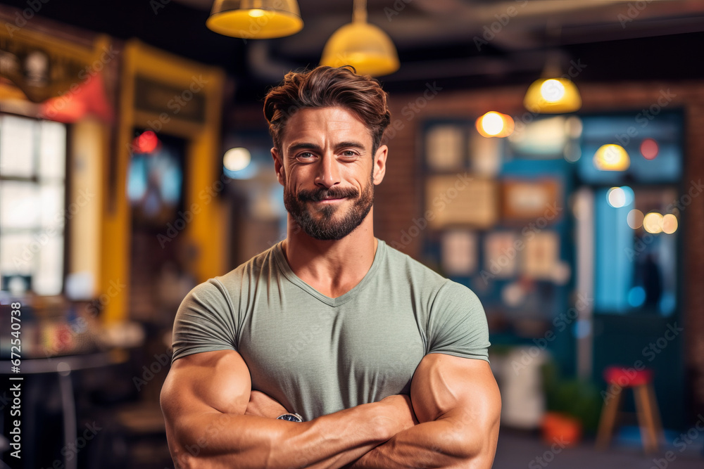 Obraz premium Muscular man posing in gym backdrop