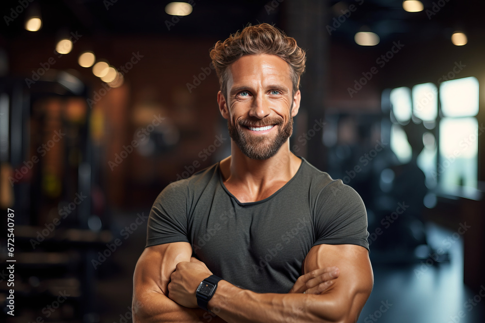 Fototapeta premium Muscular man posing in gym backdrop