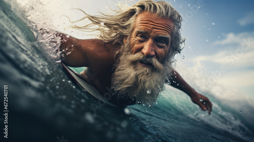 Beach, water and old man surfer swimming on summer holiday vacation in retirement with freedom in ocean. Smile, ocean and senior surfing or body boarding enjoying a healthy exercise on sea. photo