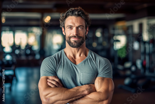 Muscular man posing in gym backdrop