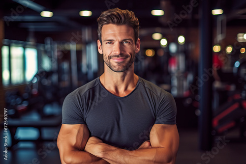 Muscular man posing in gym backdrop