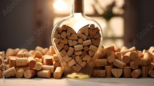 Wine bottle filled with wine corks, Glass of red wine with corks and corkscrew on a dark rustic background, Bottles of wine and glasses on table in cellar