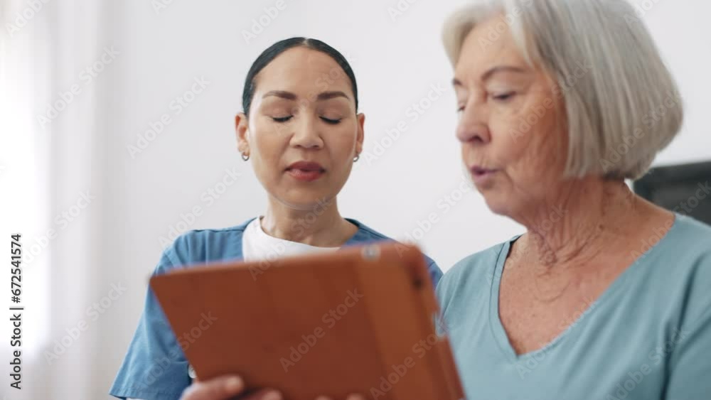 Tablet, nurse and senior woman in home, talking and consultation. Technology, elderly person in bedroom and caregiver in conversation, online chat and help for healthcare results, report or update Tablet, nurse and senior woman in home, talking and consultation. Technology, elderly person in bedroom and caregiver in conversation, online chat and help for healthcare results, report or update