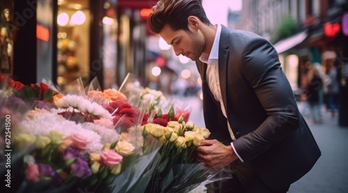 Generative AI image of a businessman choosing flowers on the street