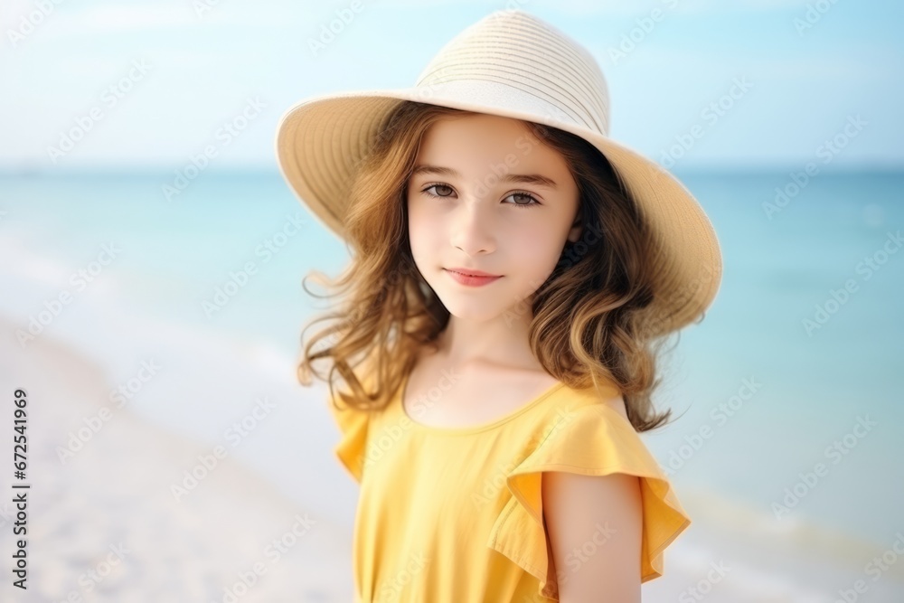 Generative AI image of a front view children in summer dress and hat standing on beautiful sandy beach. Cute girl enjoy her tropical sea on relax holiday vacation during summer time and sunshine day