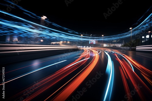 Generative AI image of a long exposure light trails , motor racing, at night © Eitan Baron