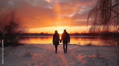 Generative AI image of a happy couple, walking în parc, winter vibe, sunset Time, criatal lake by side to their