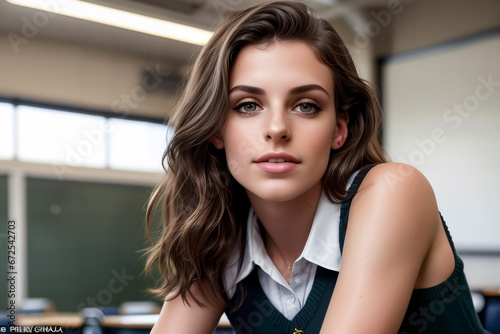 Free Download charming portrait of a beautiful schoolgirl in a classroom, exuding youthful elegance in her school uniform - GFXLoad