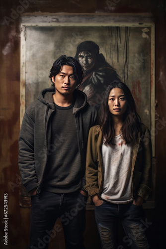 Diverse asian couple in grungy room generative ai