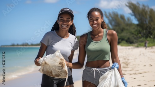 Generative AI image of a Two young individuals engaged in a beach cleanup initiative, picking up litter and debris scattered along the shoreline