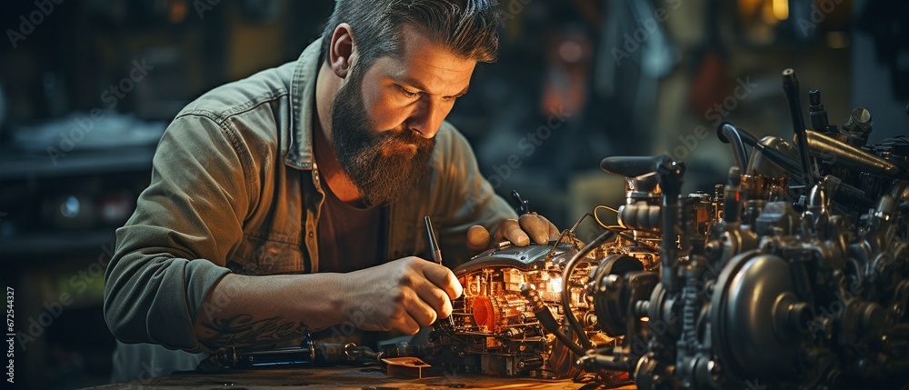 A man is using and maintaining mechanical components. .