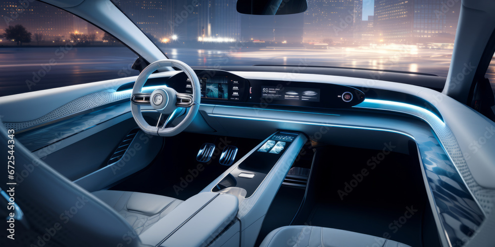Modern blue and white car interior with smart surfaces.generative ai