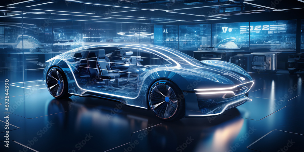 Modern blue and white car interior with smart surfaces.generative ai Modern blue and white car interior with smart surfaces.generative ai