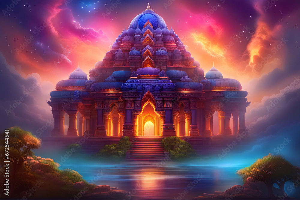 Fantasy art of an old hindu temple with dramatic skies. - obrazy, fototapety, plakaty 