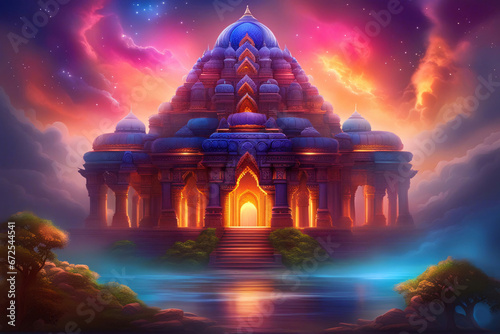 Fantasy art of an old hindu temple with dramatic skies.