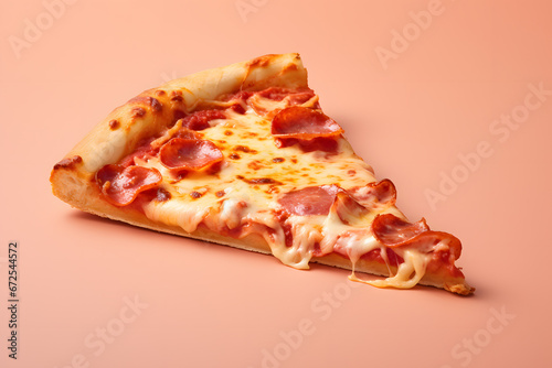 Single slice of pizza with salami and cheese on pink background