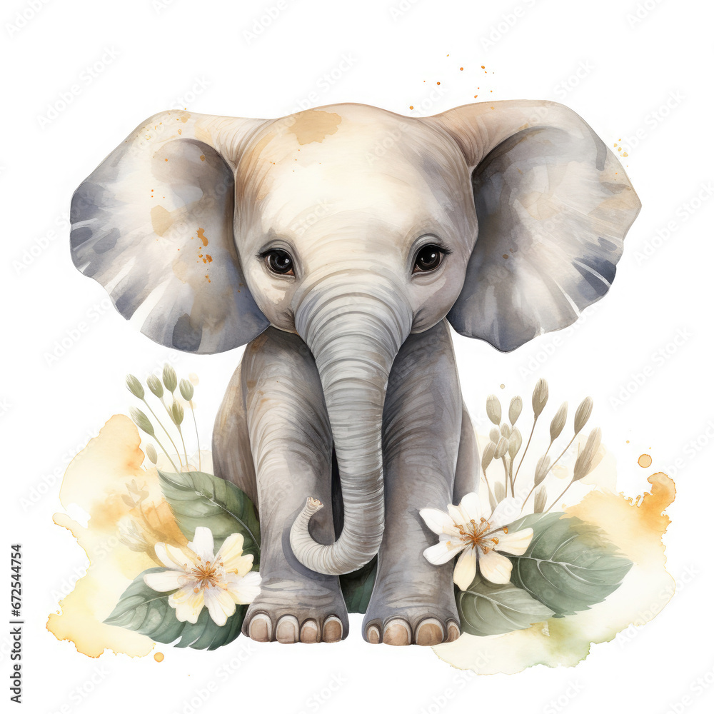 African Elephant baby animals with flower Illustration, Generative Ai