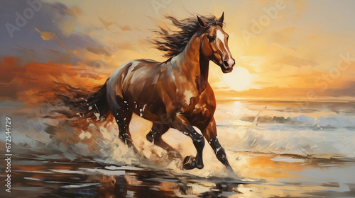 wild horse running on the beach at sunset
