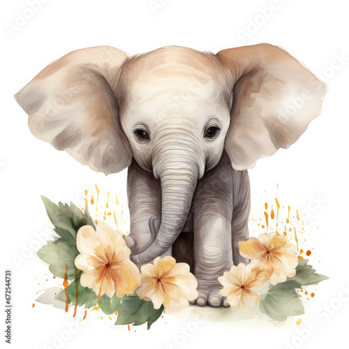 African Elephant baby animals with flower Illustration, Generative Ai