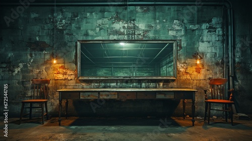 Through the one-way mirror, I could see a dark, empty interrogation room. Looking into it.