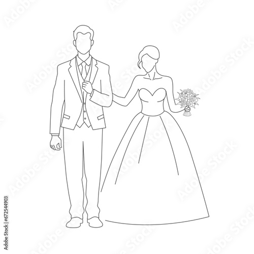 Happy wedding bride and groom at wedding ceremony. Beautiful wedding couple in wedding clothes, couple with beauty wedding bouquet line art	