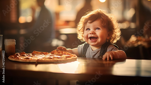 American happy baby toddler sitting at table with tasty crunchy fresh pizza.generative ai