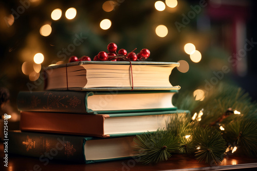 Pile of Books on a Table, Coniferous Branch and garland. Christmas Gift for Leisure Reading. Dark blurred background. Festive Atmosphere of Magic and Cozyness