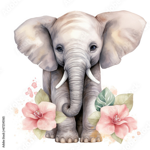 African Elephant baby animals with flower Illustration, Generative Ai