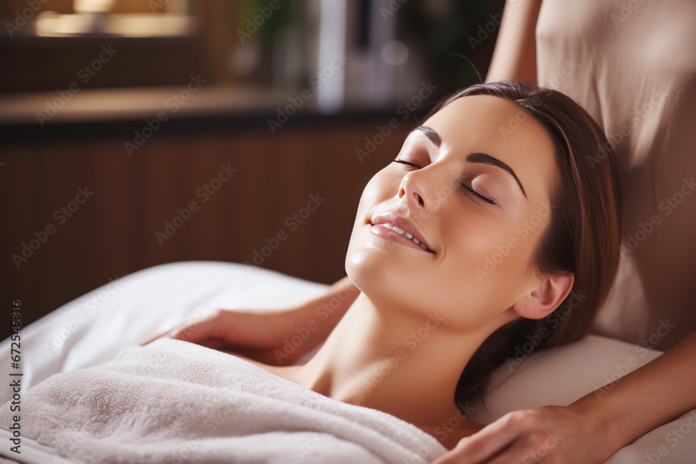 Obraz premium Young woman enjoying massage in spa salon