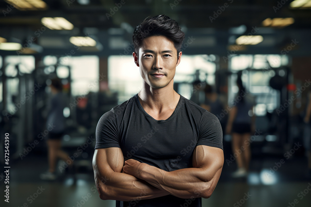 Muscular man posing in gym backdrop generative ai Muscular man posing in gym backdrop generative ai