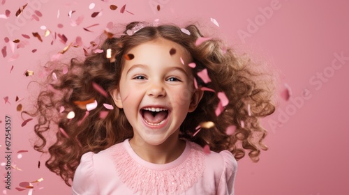 Happy Birthday of child girl with confetti on pink background.