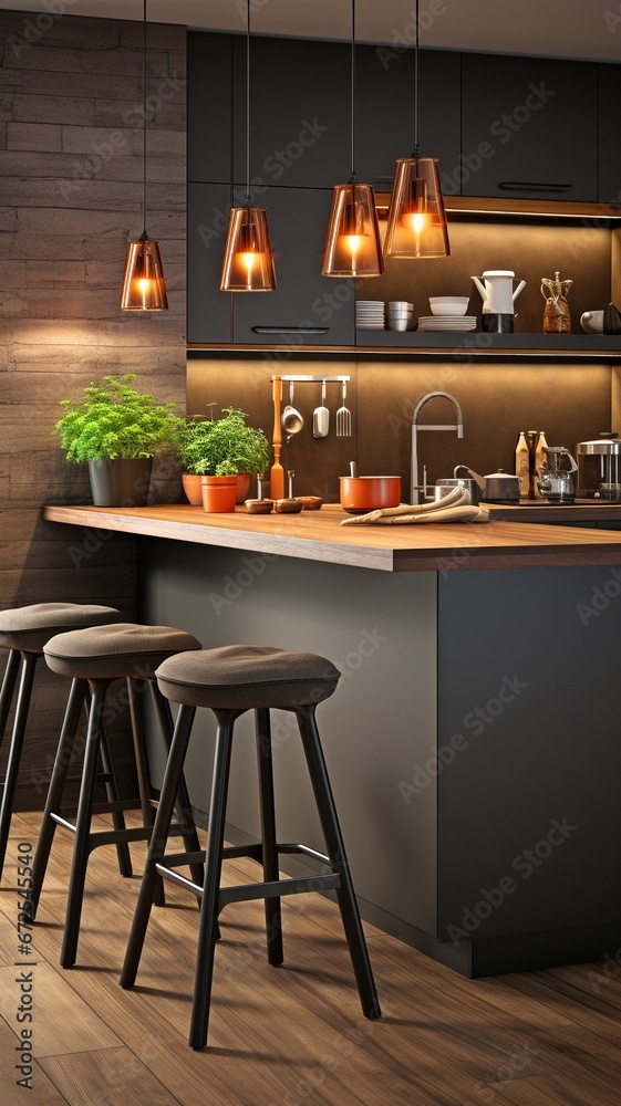 Interior of a contemporary kitchen featuring a bar with chairs, grey flooring, black and wooden walls and wooden counters .