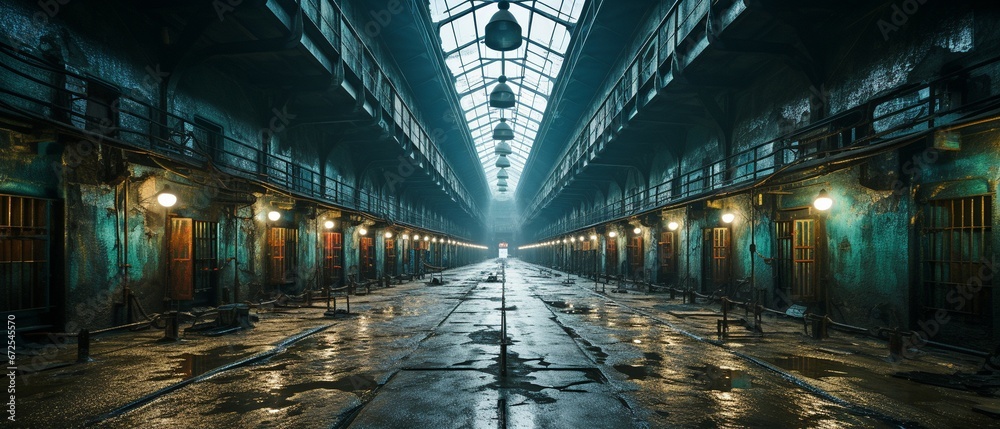 Two storeys and rows of cells make up the interior of the industrial jail passageway..