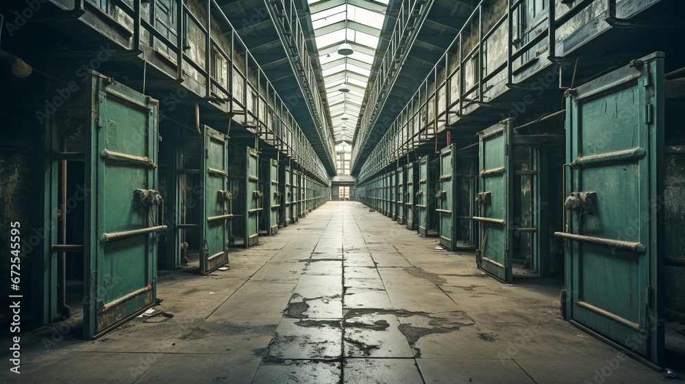 Two storeys and rows of cells make up the interior of the industrial jail passageway.. Two storeys and rows of cells make up the interior of the industrial jail passageway..