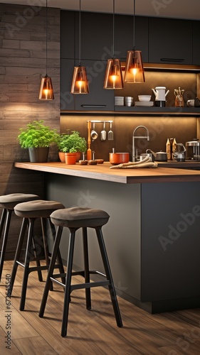 Interior of a contemporary kitchen featuring a bar with chairs  grey flooring  black and wooden walls and wooden counters .