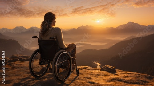Woman with disability sitting on a wheelchair enjoying sundown on mountain background. photo