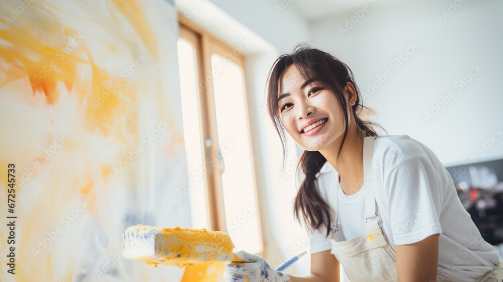 Young asian happy woman painting interior wall with paint roller in new house.generative ai Young asian happy woman painting interior wall with paint roller in new house.generative ai