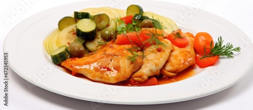 Stewed vegetables accompanying a chicken fillet all served on a pristine white plate