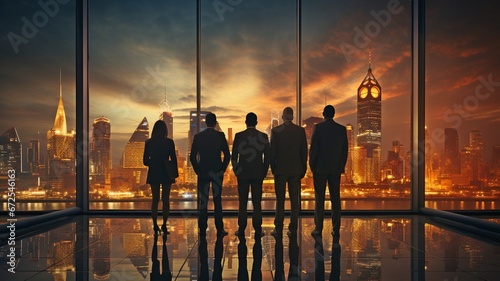 A few businesspeople's silhouettes against the backdrop of a contemporary city.