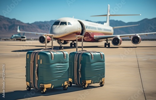 front of a private aeroplane are bags positioned on an airstrip..